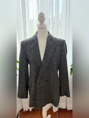 Maje Double-Breasted Gray/Pink Check Blazer - Size 38